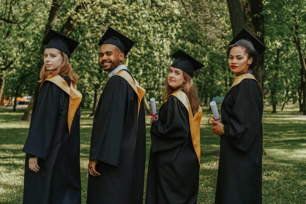 Students in their graduation gowns.