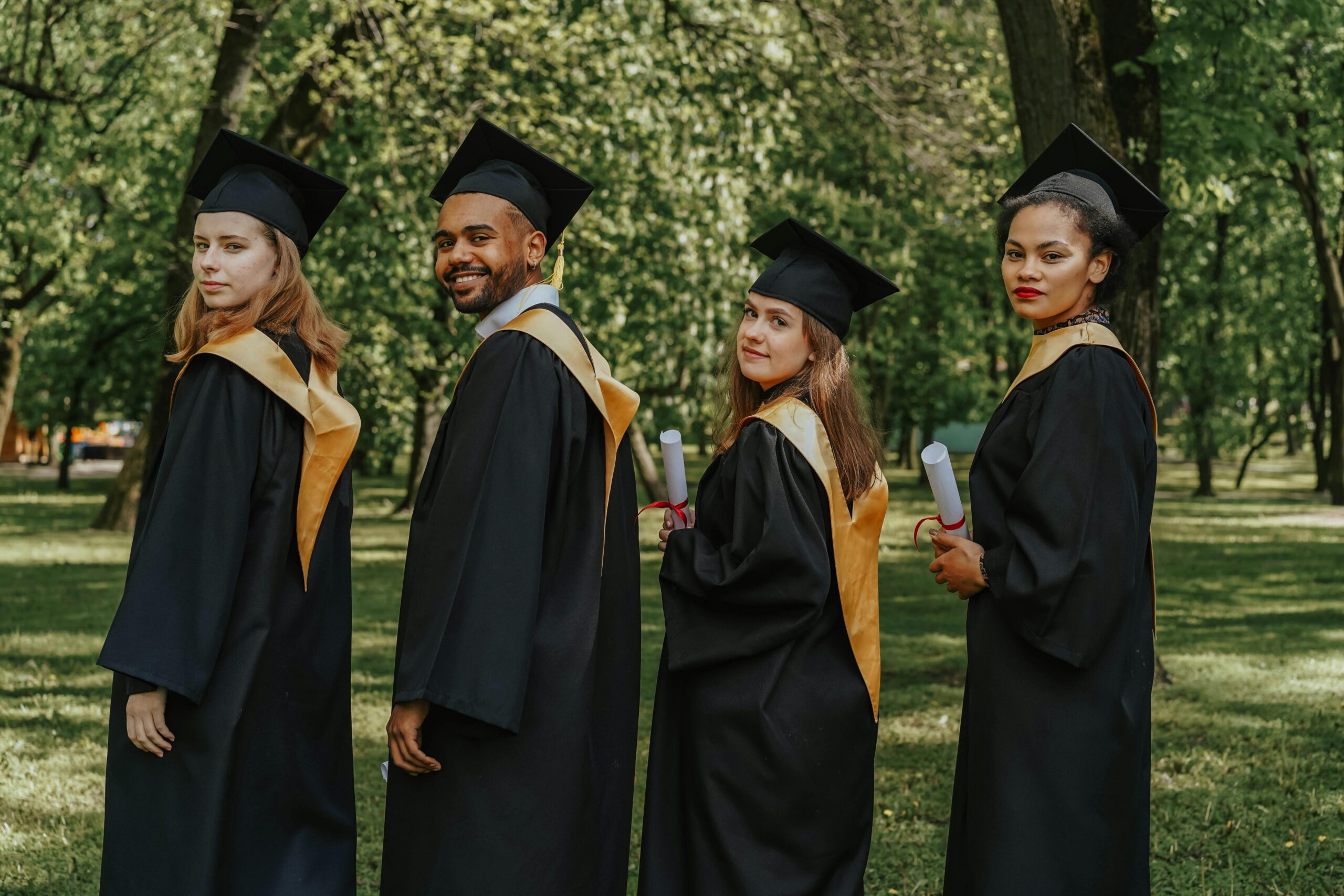 Students in their graduation gowns.